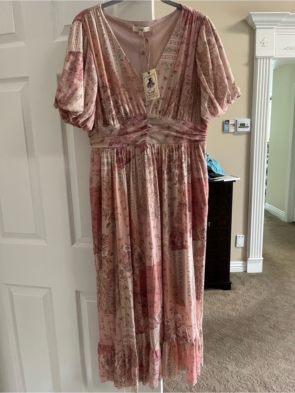 easel Boho Patchwork Pink Maxi Dress with Pockets